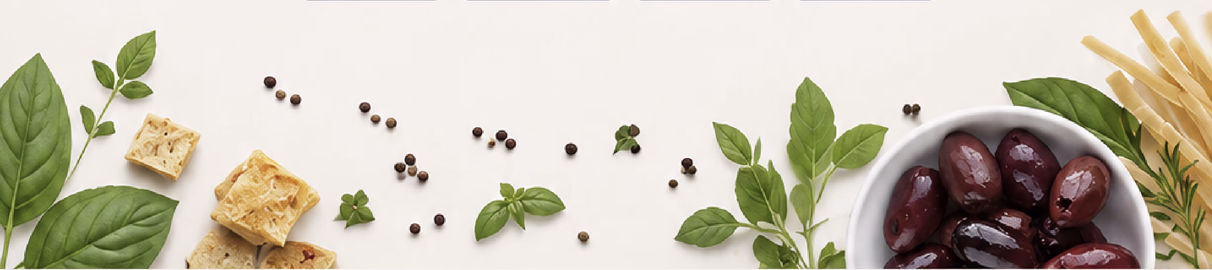 Fresh ingredients border featuring olives, herbs, pasta, and crackers