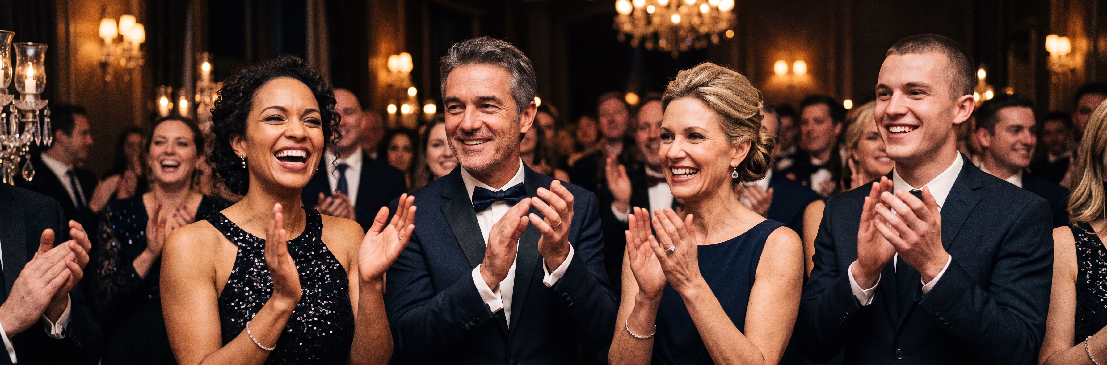 People laughing at an event clapping with glee